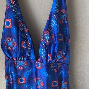 RUBYYAYA Blue Sparkle Halter Tankini Swim Top